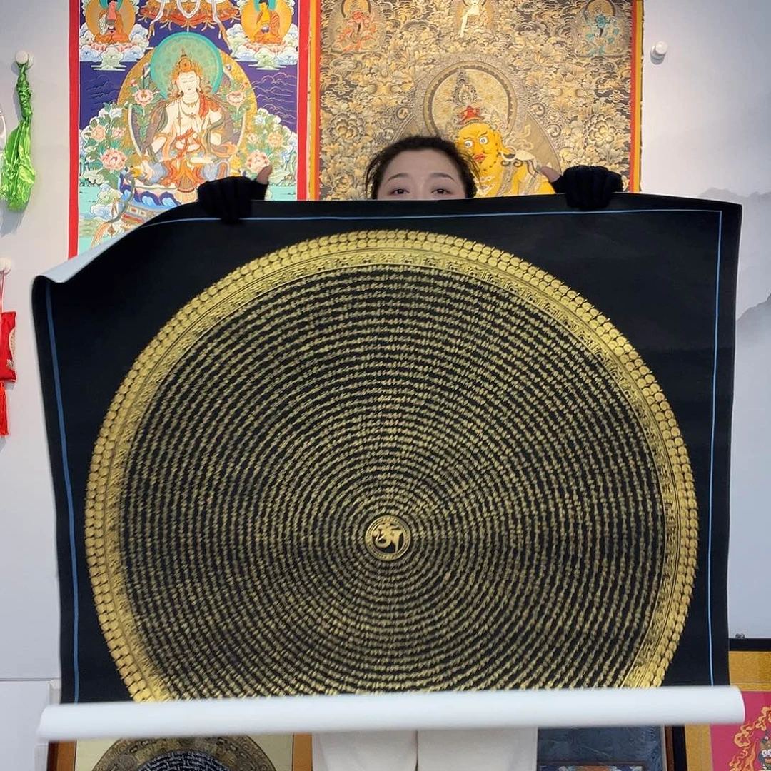 卷轴画纯手绘唐卡黑金六字100厘米左右