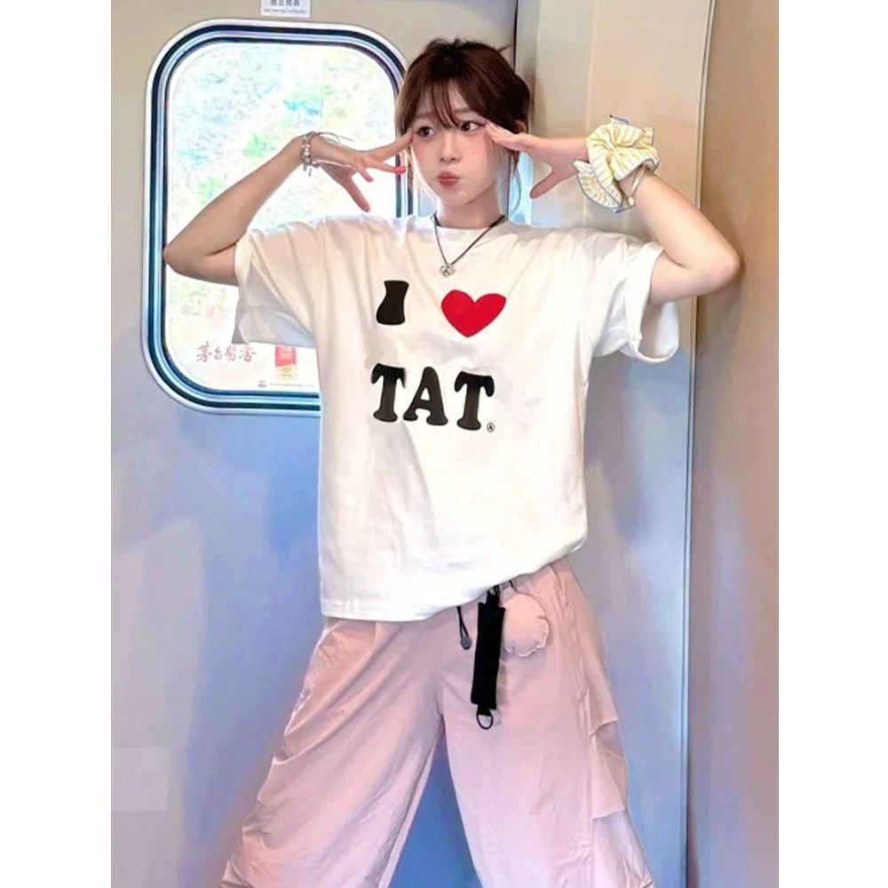 美式简约爱心字母印花设计短袖T恤女夏季圆领宽松休闲显瘦上衣ins