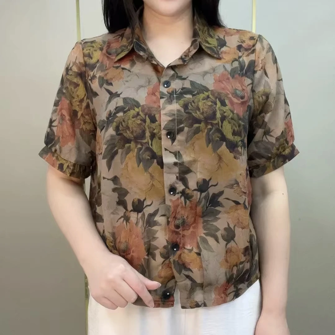 高档气质减龄印花大花妈妈装2025夏季新款翻领百搭宽松显瘦衬衫女