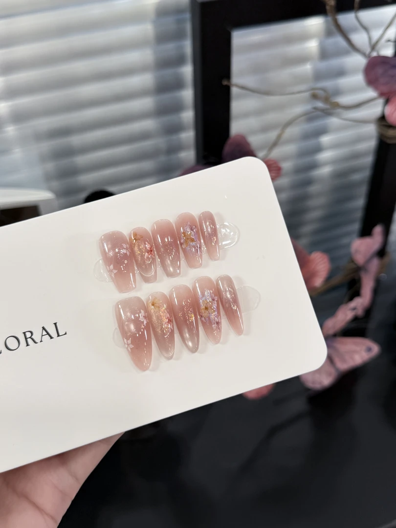 【浮世绘樱】珊瑚纪显白水彩手绘干花玻璃珠猫眼渐变纯手工穿戴甲