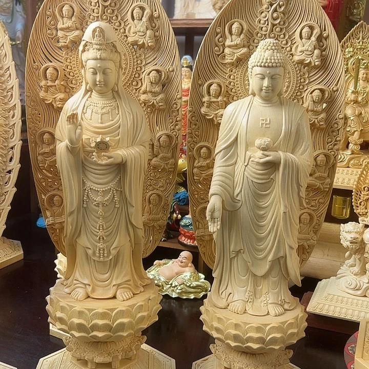 威***气桧木观音和佛祖木雕工艺品摆件