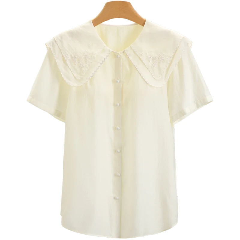 F209-伍莎服饰云仓【朝】娃娃领短袖百搭衬衫#ZZH56S010