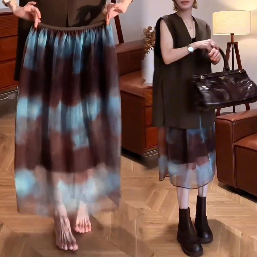 早秋复古扎染松紧腰半身裙女2025新款百搭高腰显瘦减龄薄款A字裙