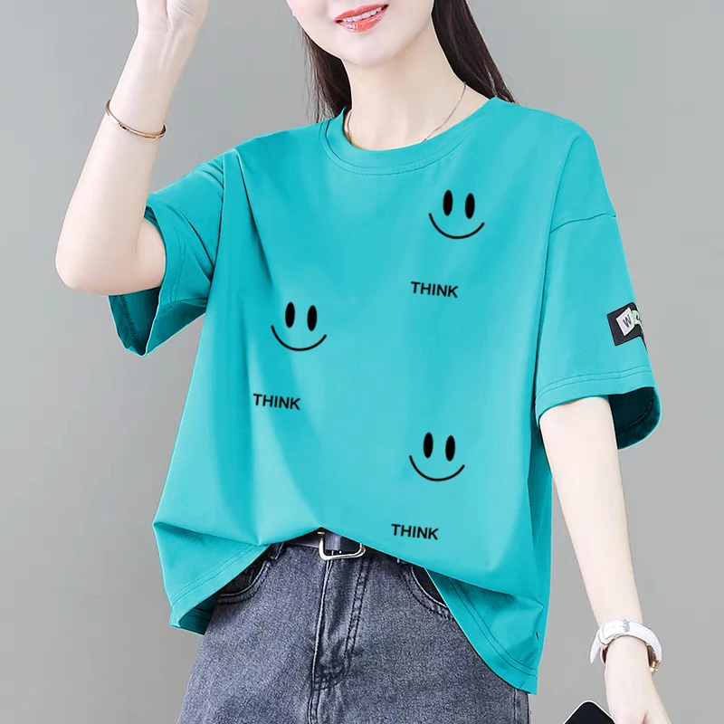 100%纯棉短袖t恤女夏季新款韩版百搭休闲宽松显瘦遮肚圆领上衣潮