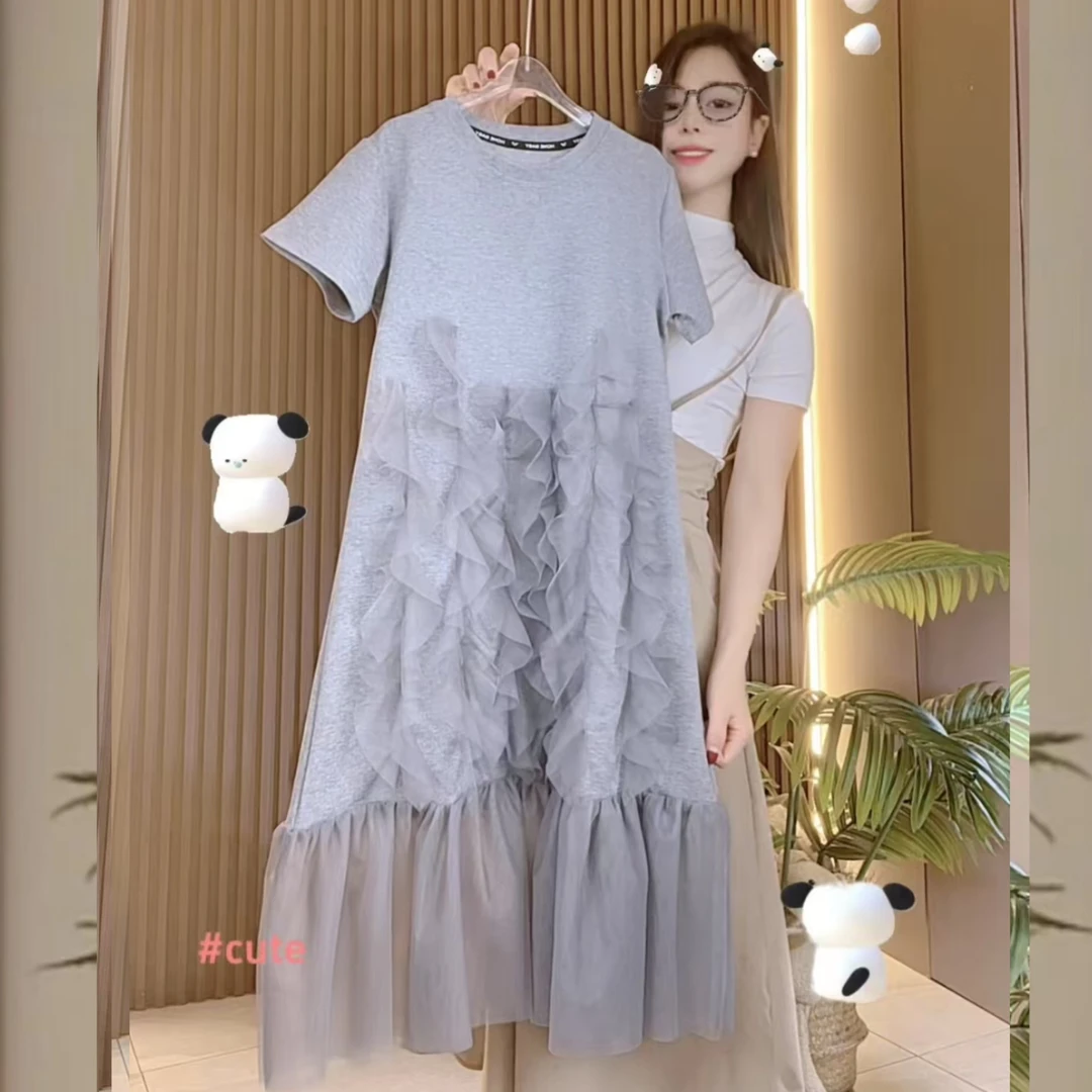 亲子 灰色纱边拼接中长款连衣裙2025夏季韩系新款潮流仙女T恤裙