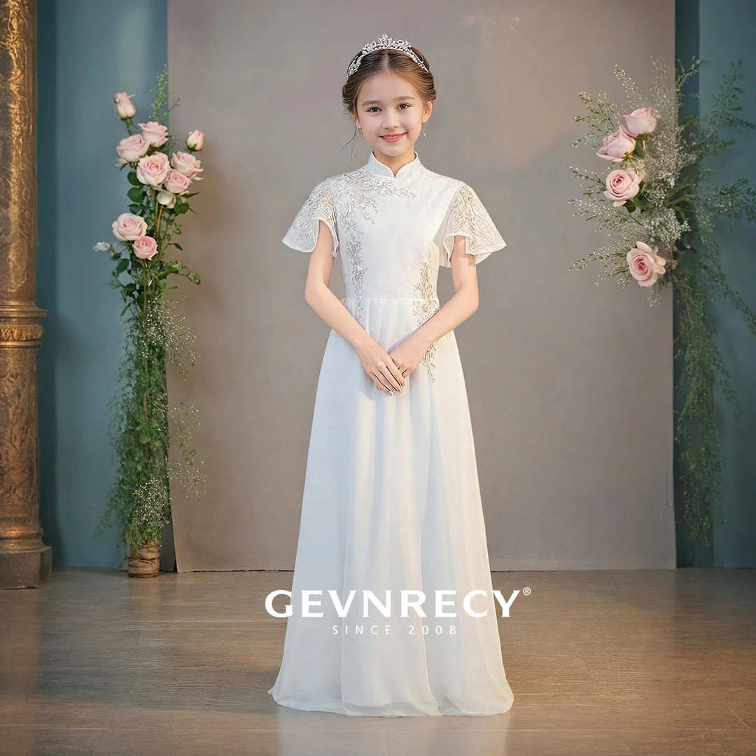 GEVNRECY儿童旗袍礼服裙高端白色新中式生日公主裙琵琶古筝演出服
