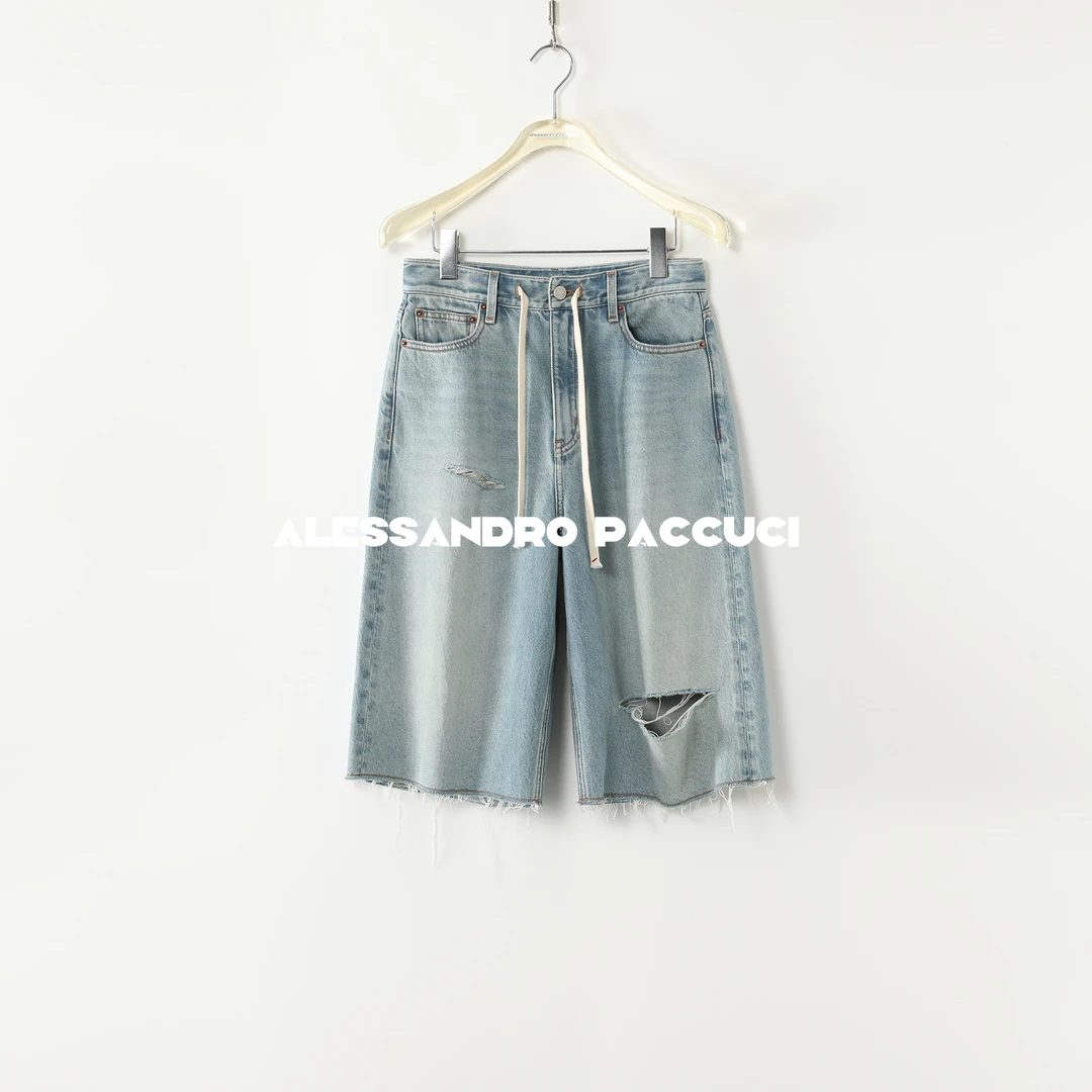 AP洛哥51081KD【型走丹宁】100棉破洞毛边复古感休闲短裤中裤牛仔裤