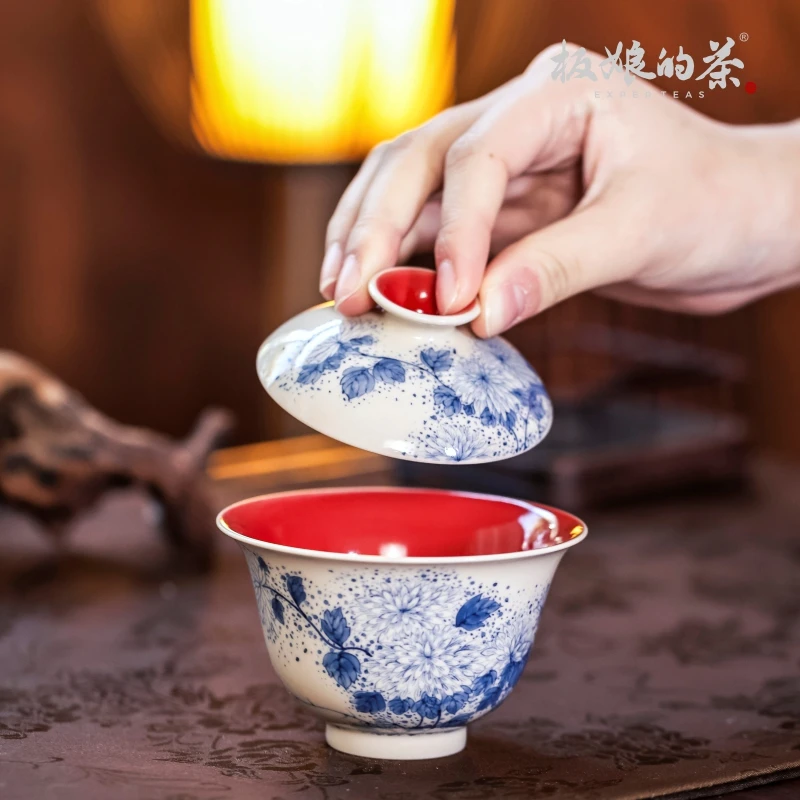 景德镇雨香斋手绘高温瓷宫墙红绣球花盖碗家用陶瓷功夫茶具110ml