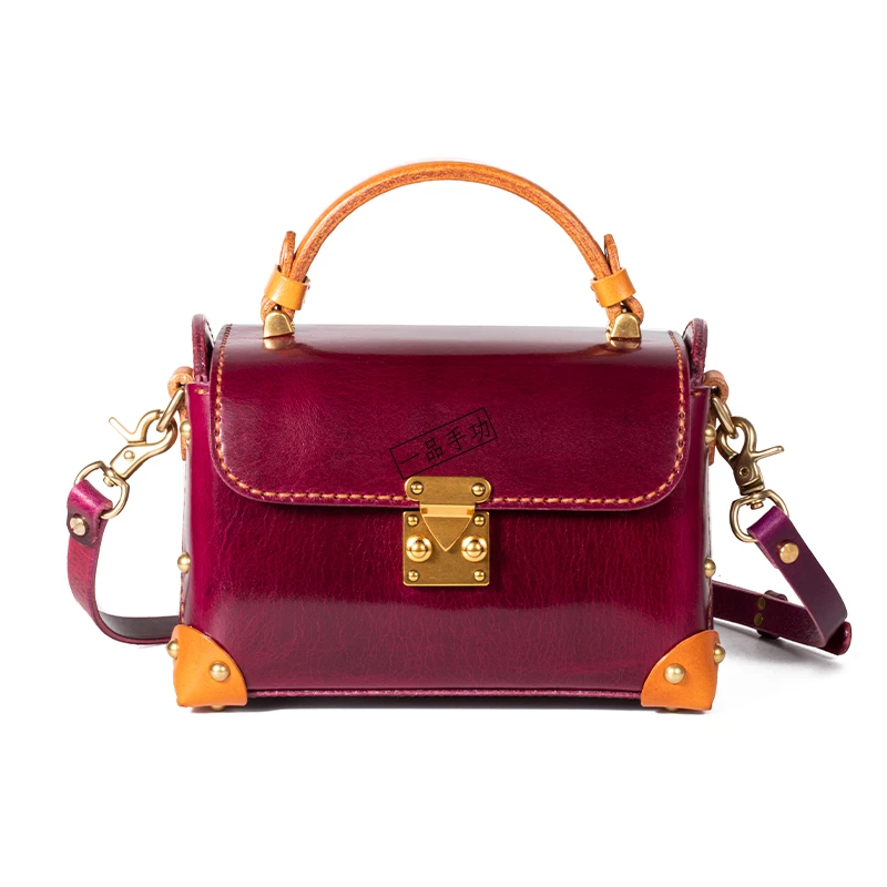 手工高级感手提包包潮流女意大利植鞣牛皮时尚小方包百搭斜挎包