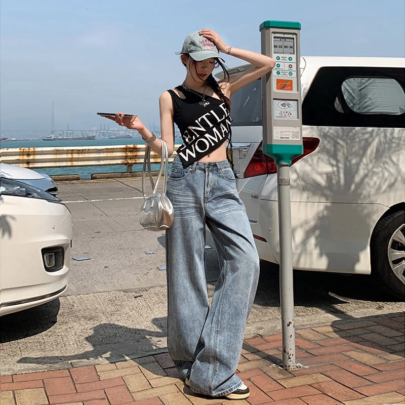 深蓝色阔腿牛仔裤女显瘦宽松复古美式秋季垂感2025新款高腰拖地裤