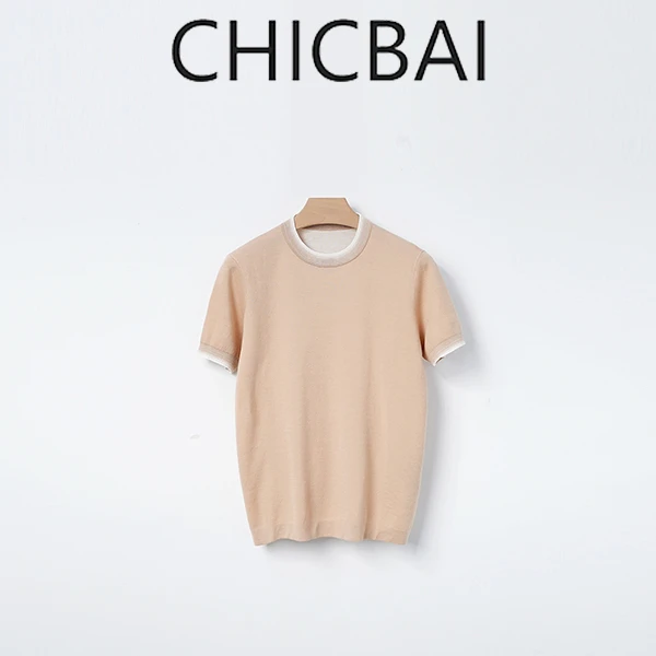 CHICBAI 极简美学 渐变针织亚麻桑蚕丝圆领短袖T恤ZH6119DM