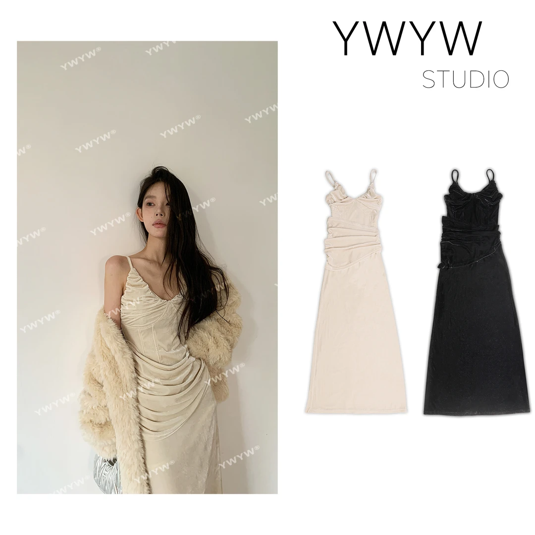 【福利款NO退换】早春显瘦轻奢设感气质珍珠立绒吊带连衣长裙3627