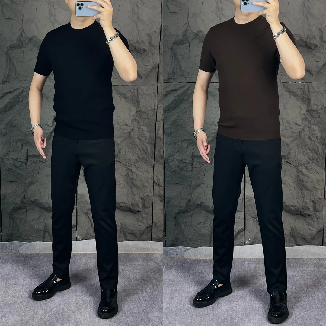 男士新款轻奢修身简约时尚百搭修身弹力纯色休闲针织短袖11003