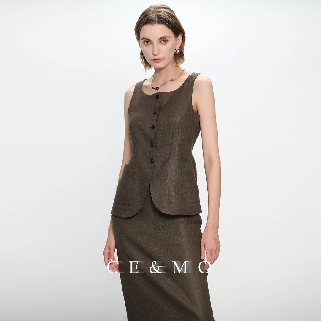 CEMO夏 比利时长纺亚麻 中长款马甲半身裙套装女CM03225148