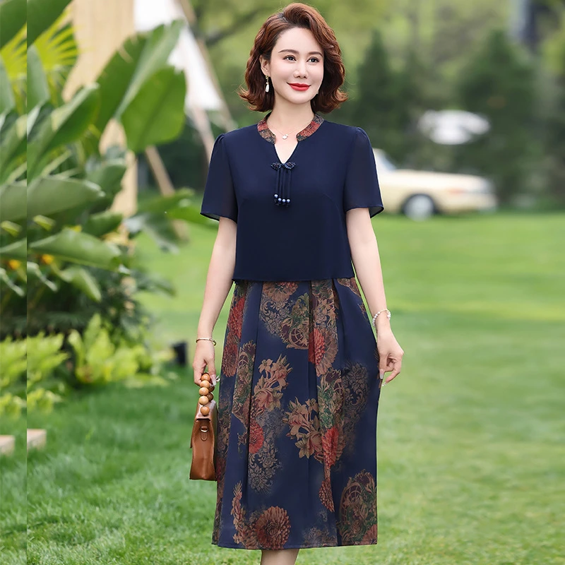 妈妈装夏季新款国风修身百塔连衣裙妈妈装遮肚显瘦洋气过膝中长裙