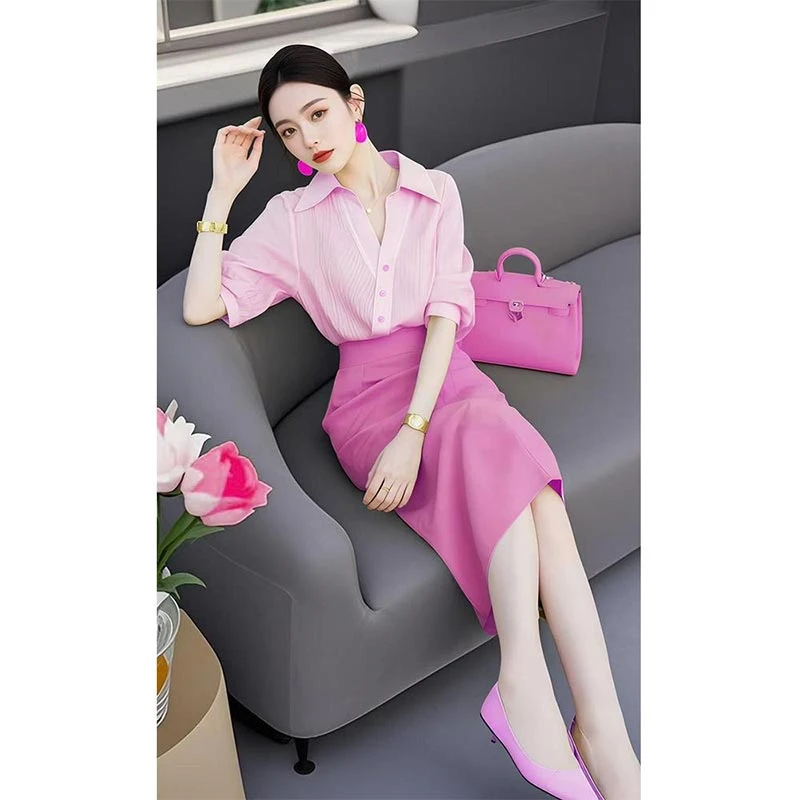 2025春秋新款粉色衬衫连衣裙两件套女时尚气质个性百搭高级感套装
