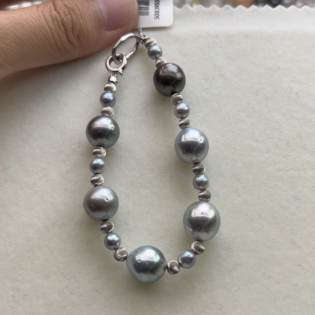 银S925镶嵌手绳海水珍珠10.5-11mm大溪地手链