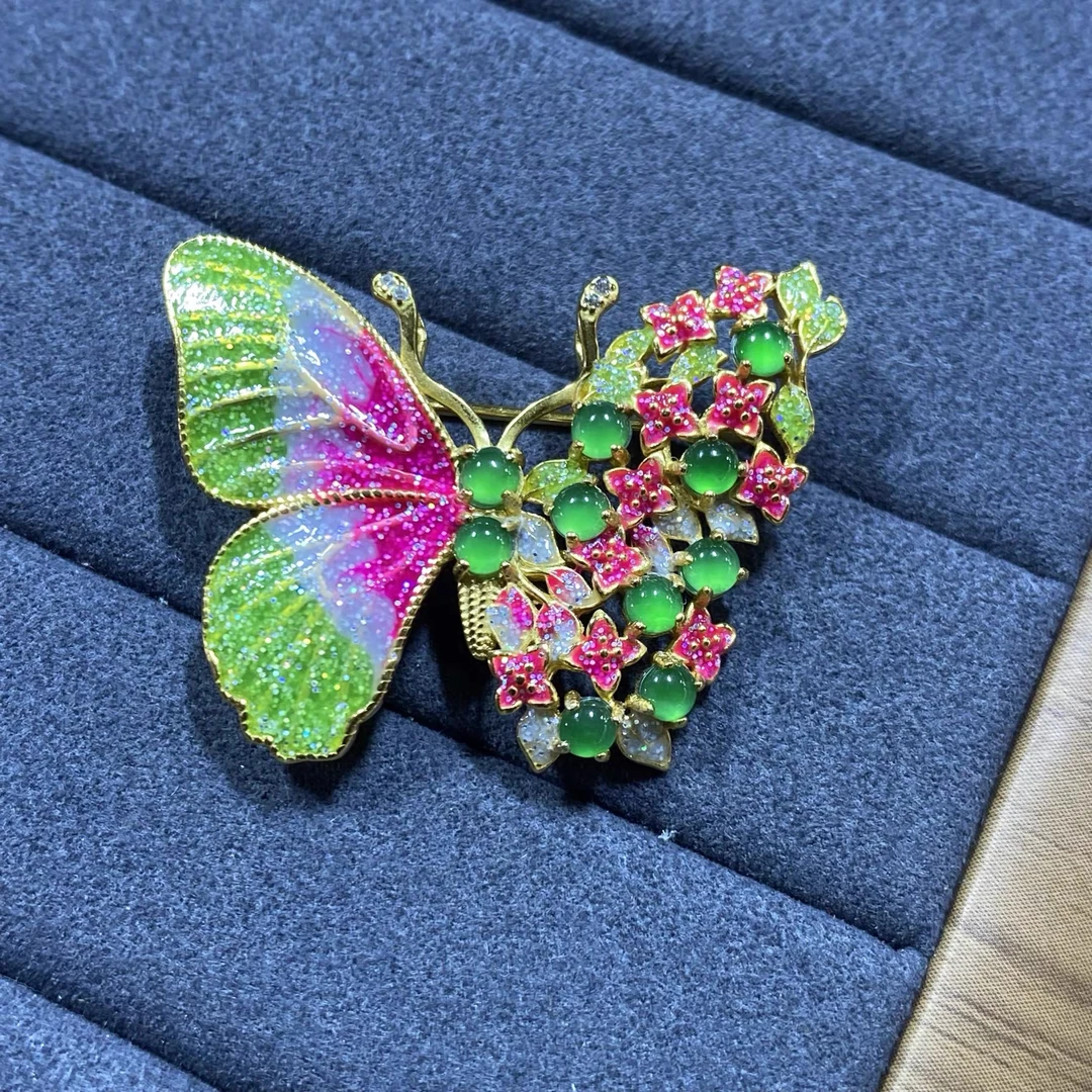 925银胸针 爆款新款S925银镶嵌天然高冰满绿蛋面蝴蝶高档胸针吊坠