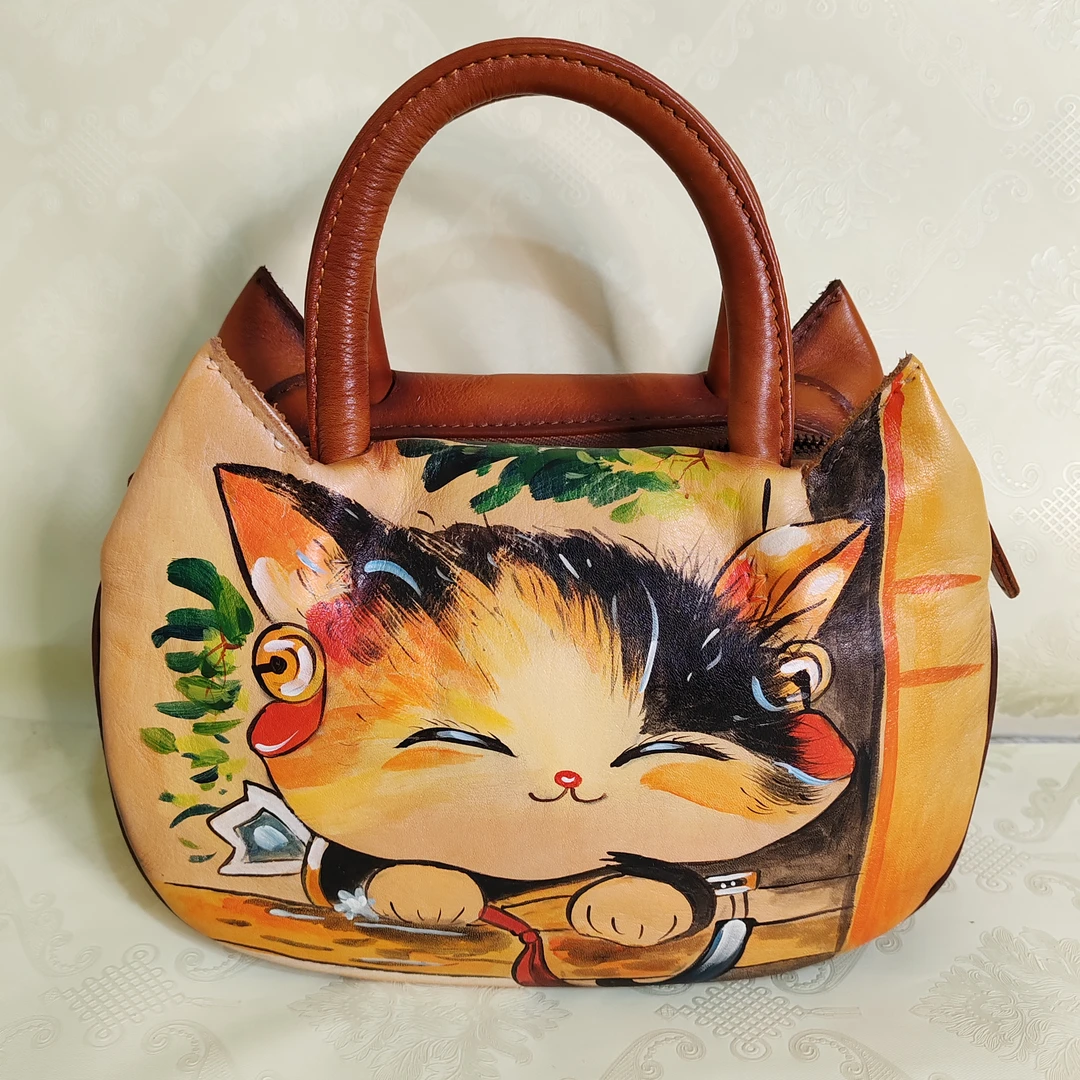 女款头层树膏植鞣牛皮纯手工手绘小猫咪手提单肩斜挎包复古时尚