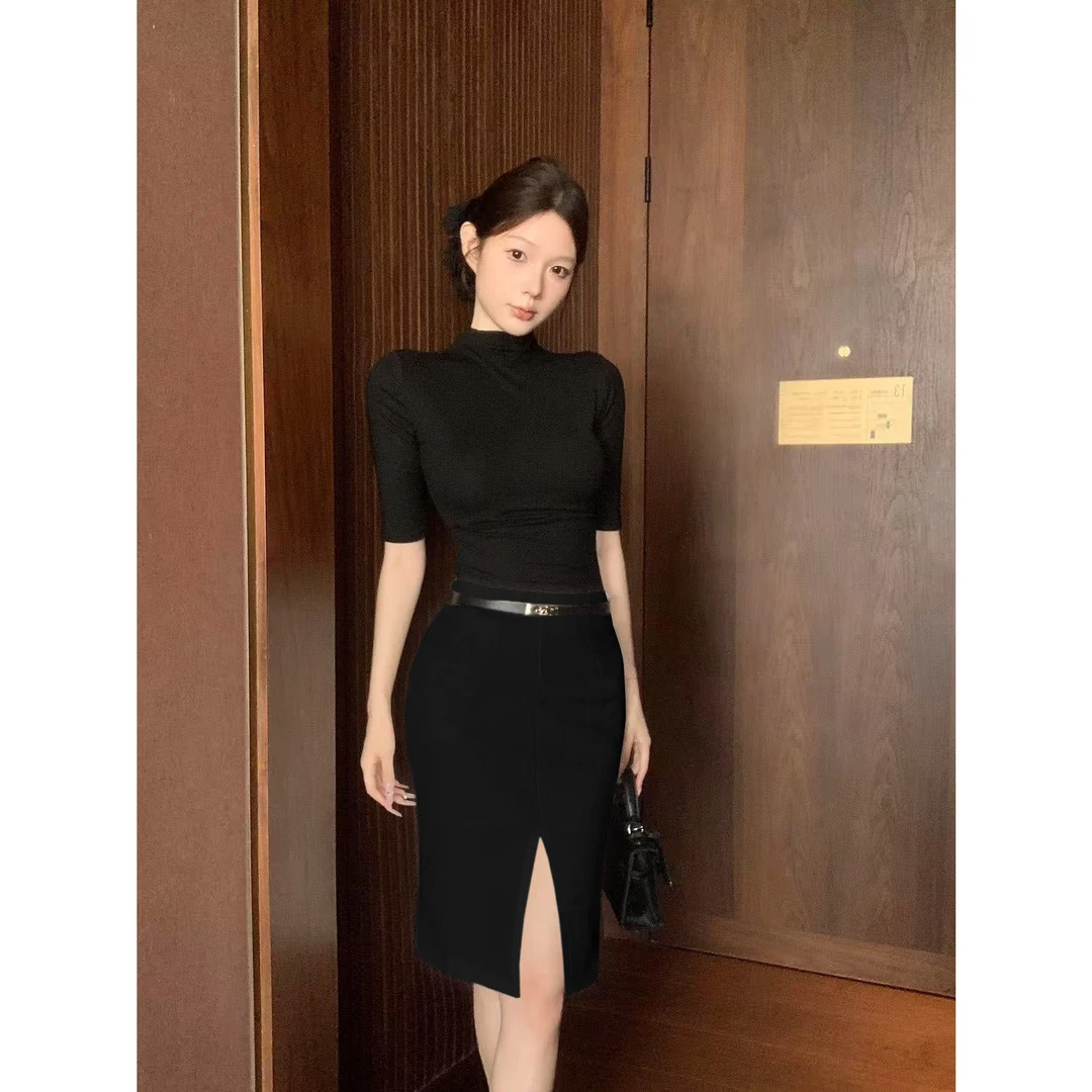 黑色半高领短袖正肩T恤女秋季开叉包臀半身裙辣妹性感气质套装女