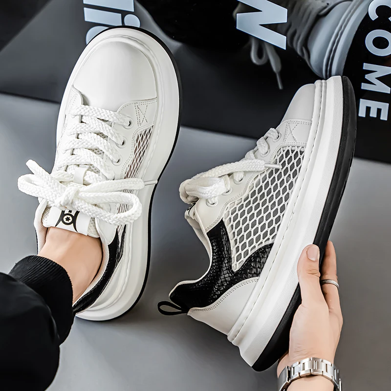 欧洲站男鞋2025年夏季新款透气网面潮流小白鞋厚底增高运动休闲鞋