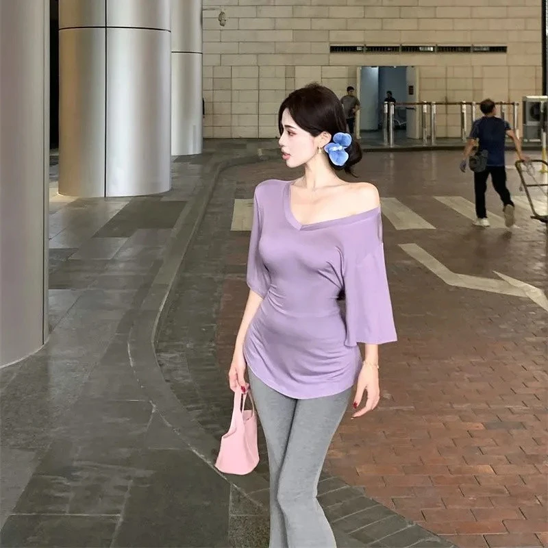 2025夏季新款纯欲风喇叭袖收腰t恤斜肩上衣+百搭修身微喇裤神裤女