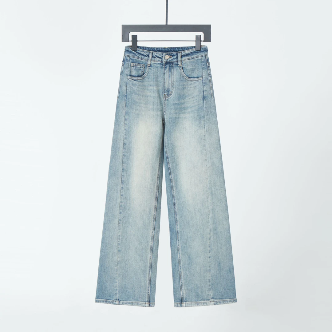 秋季棉醋酸分割剪裁宽松休闲百搭垂感高腰直筒浅蓝牛仔裤女13042