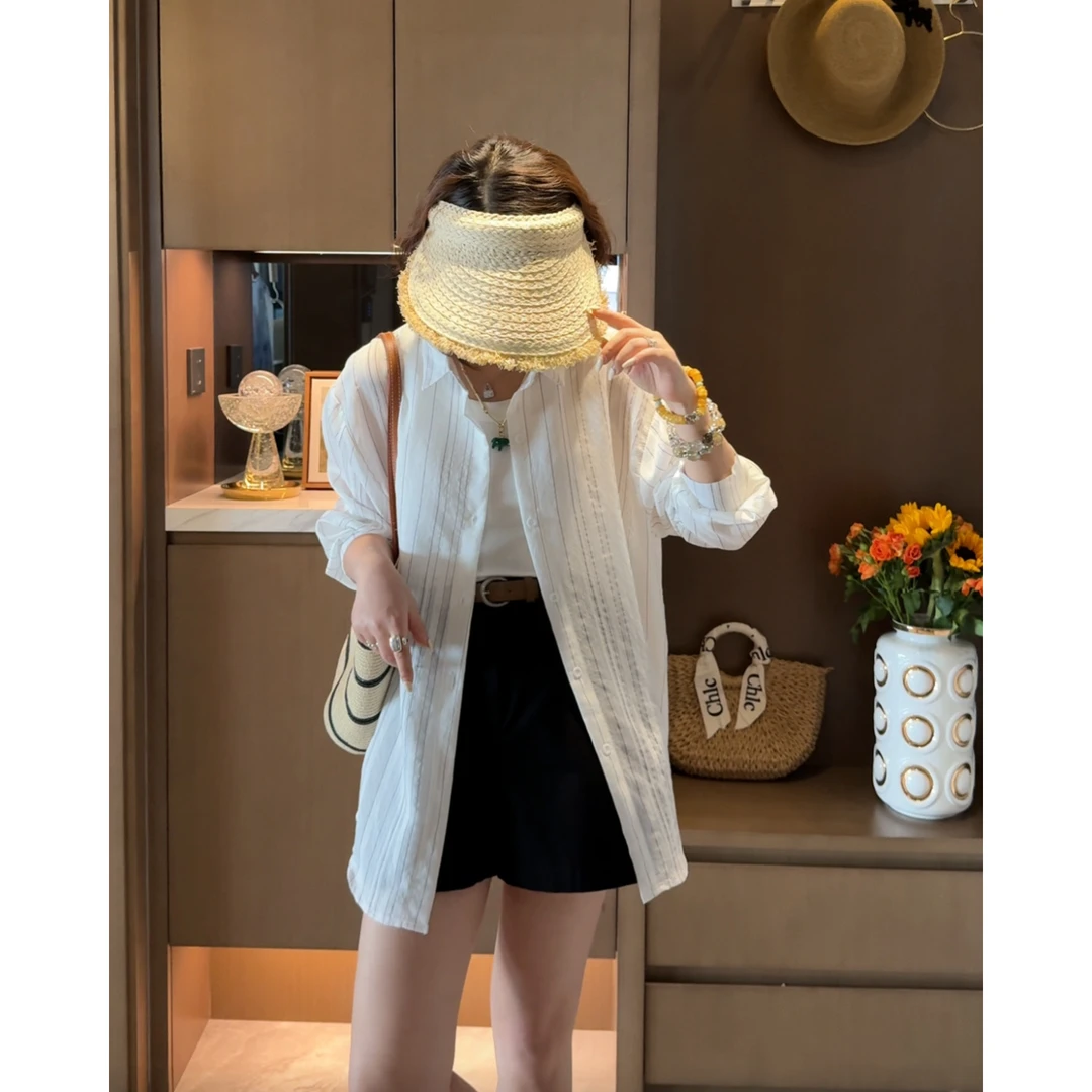 玳妮【竖条防晒衬衫】夏季轻薄微透长袖衬衫宽松显瘦慵懒风防晒衬衫