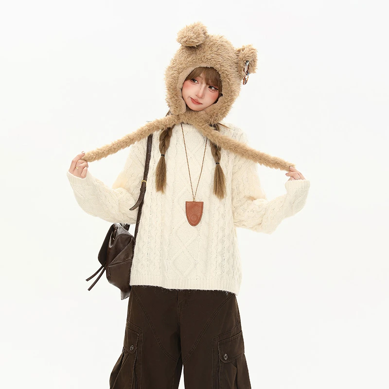 YIKOJIA含10%羊毛针织毛衣纯色圆领宽松常规款内搭绞花纹时尚保暖