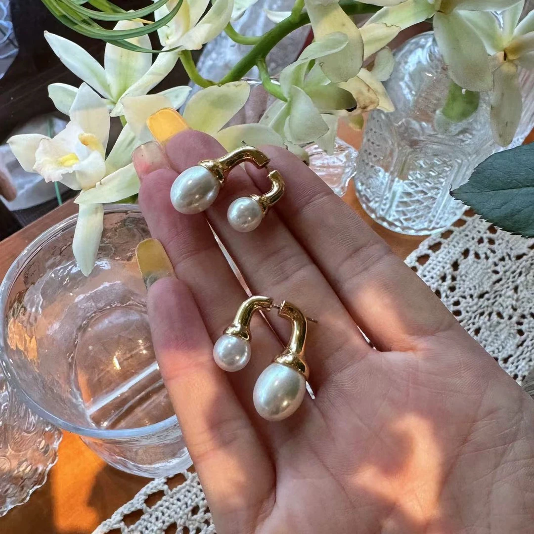 铜合金耳饰 双面大小珠珠耳环-4107