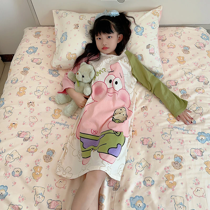 女童睡裙春秋季纯棉长袖儿童睡衣可爱派哒星中大童2025新款家居服