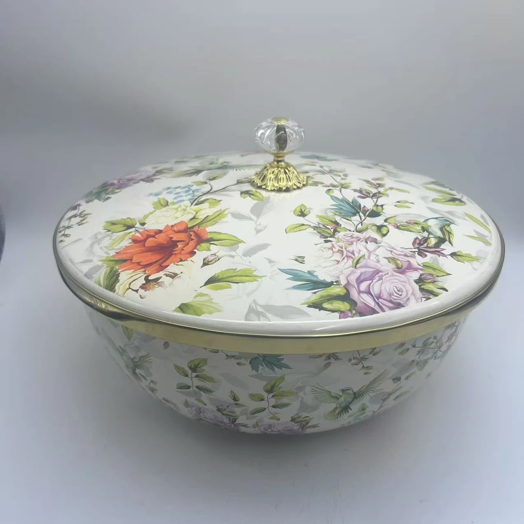 28.8cm【花鸟】水晶盖珠搪瓷和面盆高定款金边搪瓷盖电磁炉明火通用