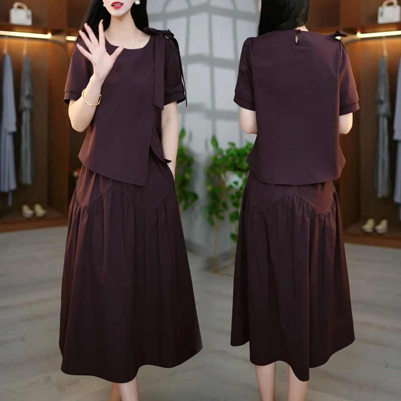 2025夏季新款时尚设计感遮肚显瘦蝴蝶结短袖上衣半身裙休闲两件套