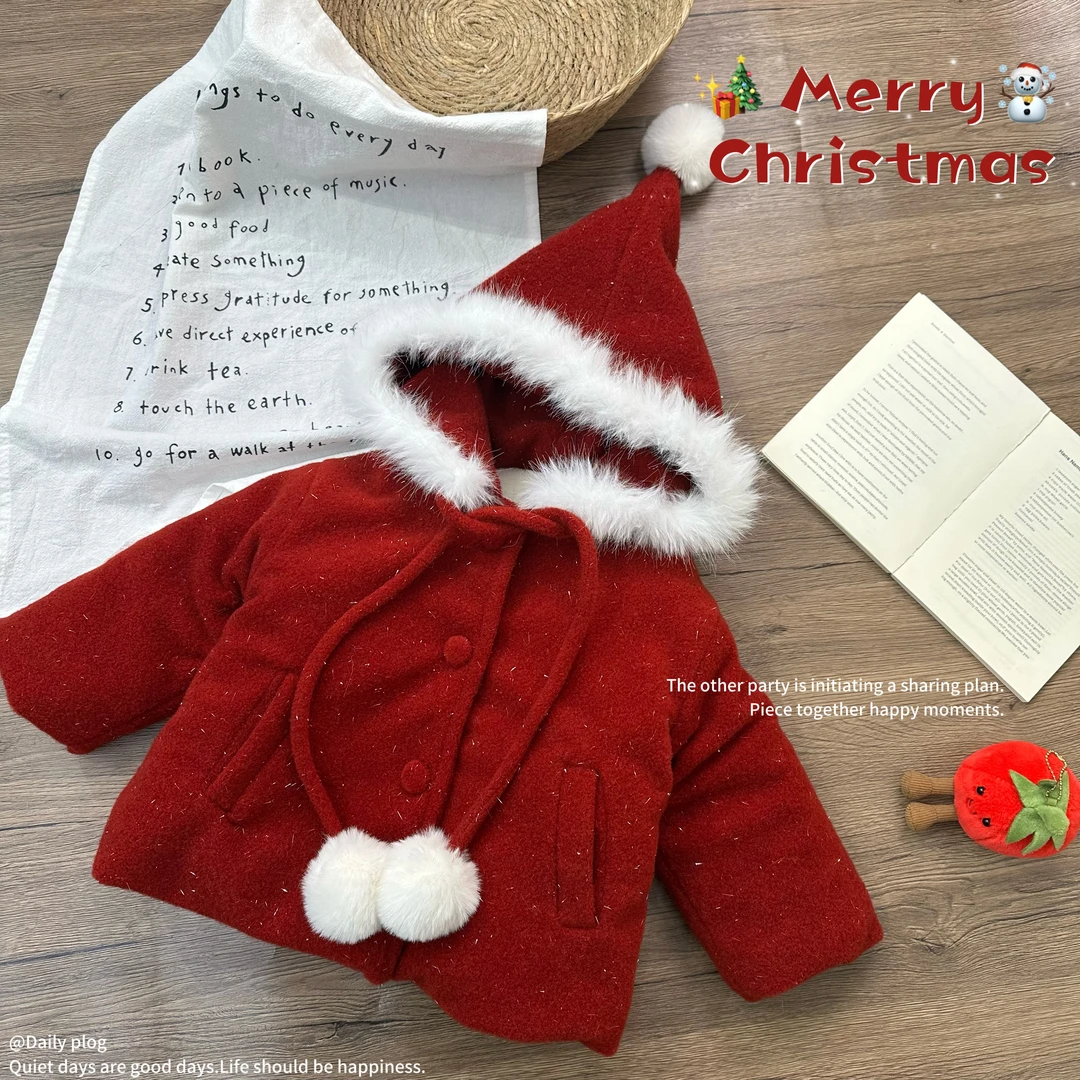 【圣诞狂欢】2025冬季上新女童韩系圣诞新年款红色加毛棉衣D-H983