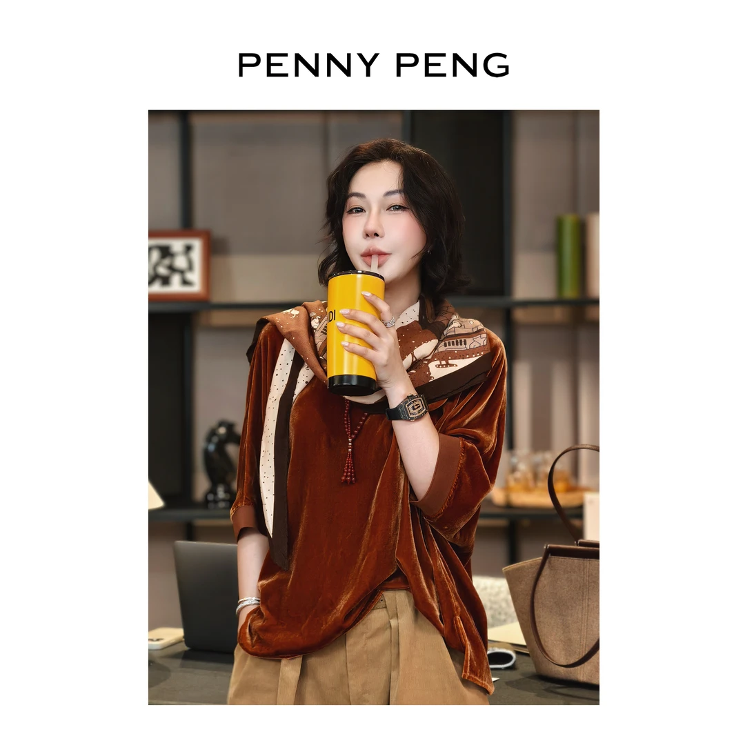 PENNYPENG 温柔旧梦 圆领真丝丝绒上衣时尚酷飒风高级感宽松T恤