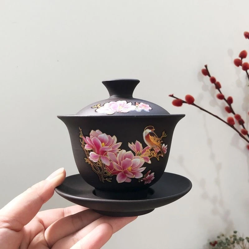 新式紫砂花鸟三才盖碗陶瓷家用茶杯