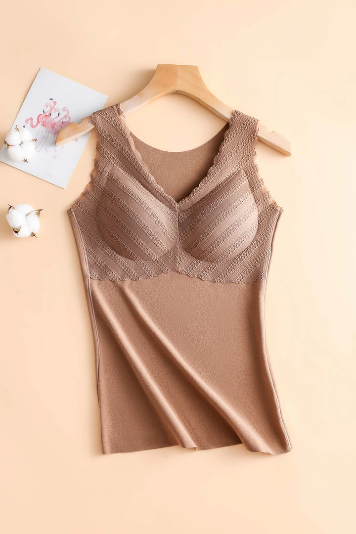 高颜值德绒美背心免穿文胸内衣保暖上装修身一体式蕾丝外穿秋冬季