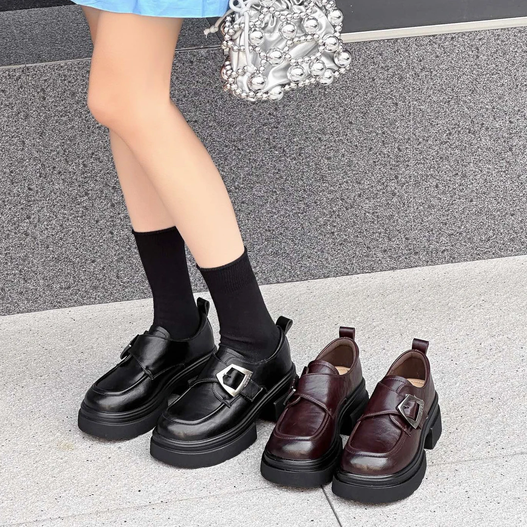 厚底乐福鞋增高松糕小皮鞋2024春秋季新款百搭中跟鞋子女单鞋透气