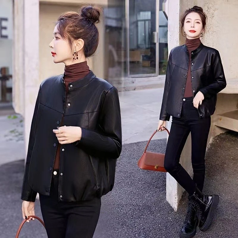 20252025年新款小皮衣简约休闲长袖纯色皮革小外套春秋宽松时尚百