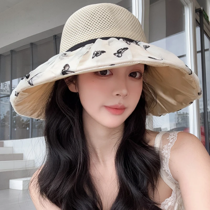 新款韩版网纱户外遮阳太阳帽子女蝴蝶结渔夫帽夏大檐显脸小沙滩帽