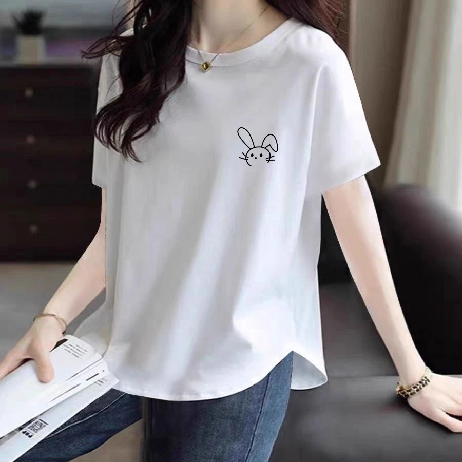 100%纯棉圆弧下摆短袖圆领T恤女夏季大码宽松休闲韩版百搭上衣潮T