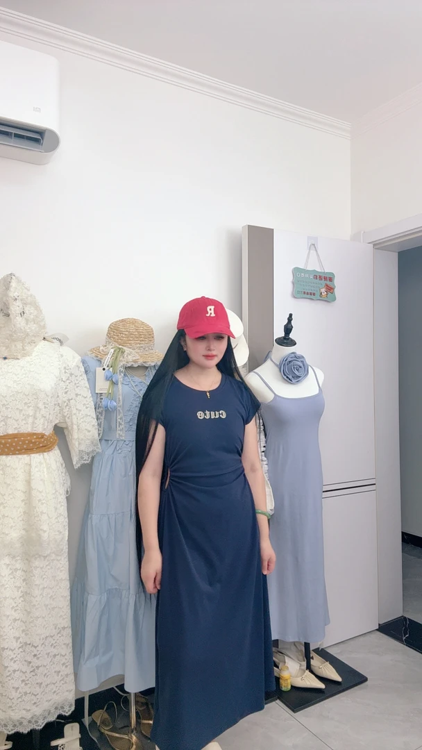 韩版时尚休闲T恤袖收腰显瘦女士夏季中长百搭连衣裙