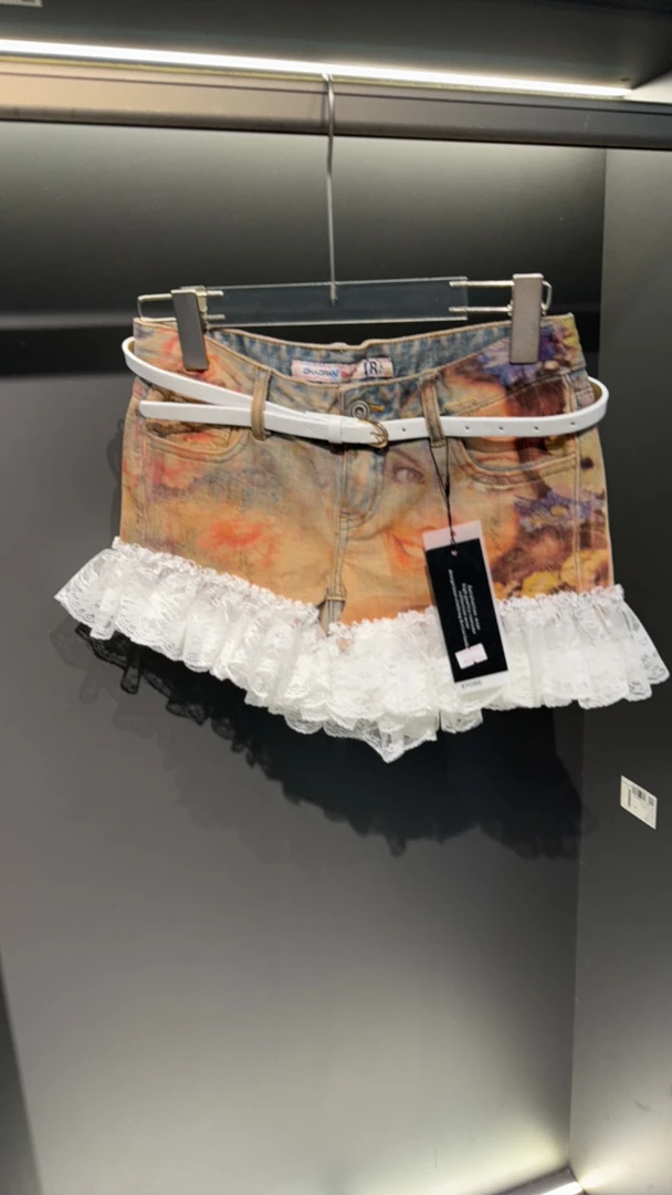 美拉德拼接低腰多巴胺豹纹风格牛仔短裙2546