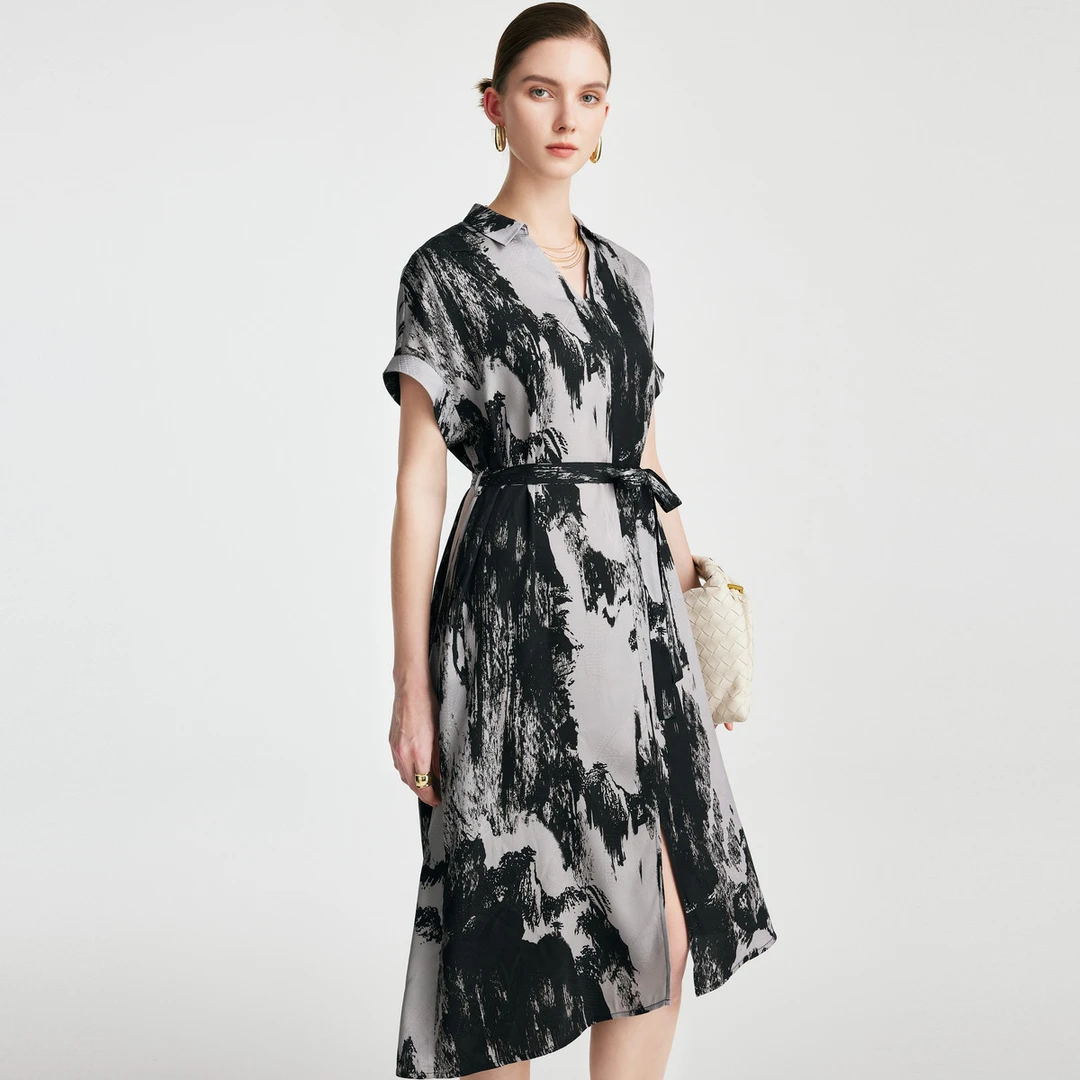 【雅然老师专享】25春夏V领收腰撞色气质桑蚕丝连衣裙女ES250990Z