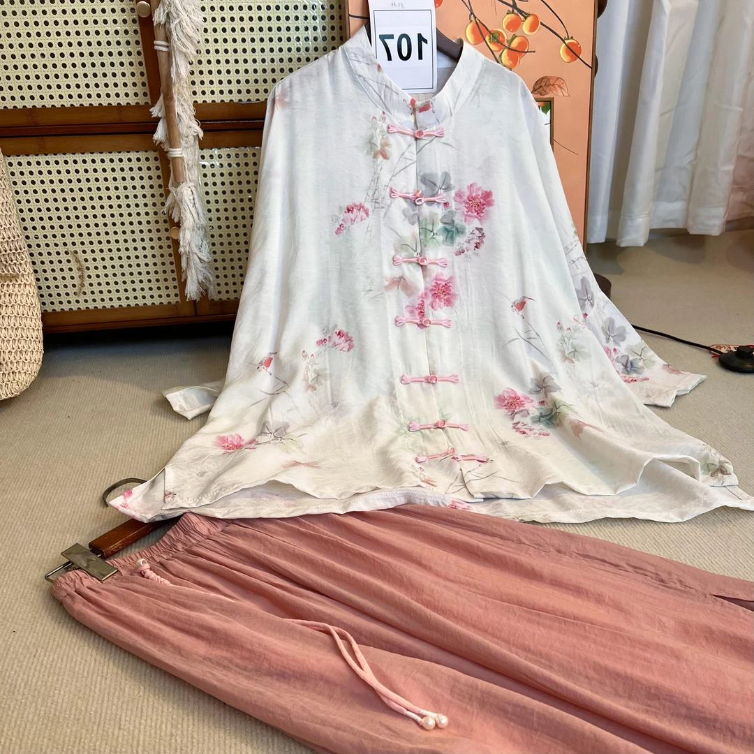 107加长款【扶摇】新中式国风盘扣衬衫印花气质立领外套