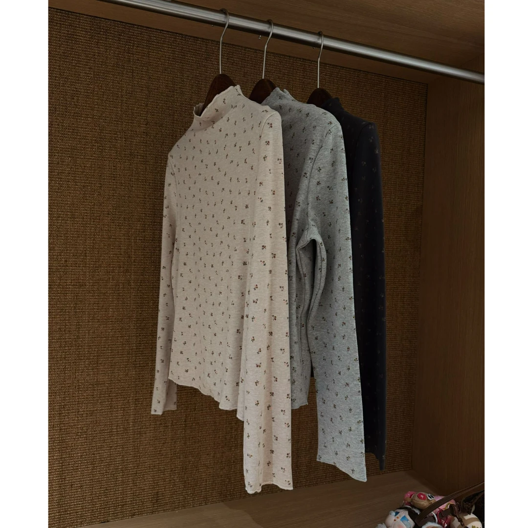 十三行白白家-复古印象～冬季新款磨毛半高领碎花打底#9853