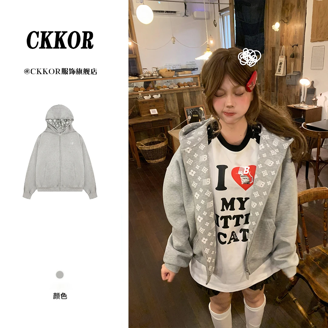 CKKOR春秋新款美式潮流连帽卫衣外套女酷飒风百搭刺绣高级感女装