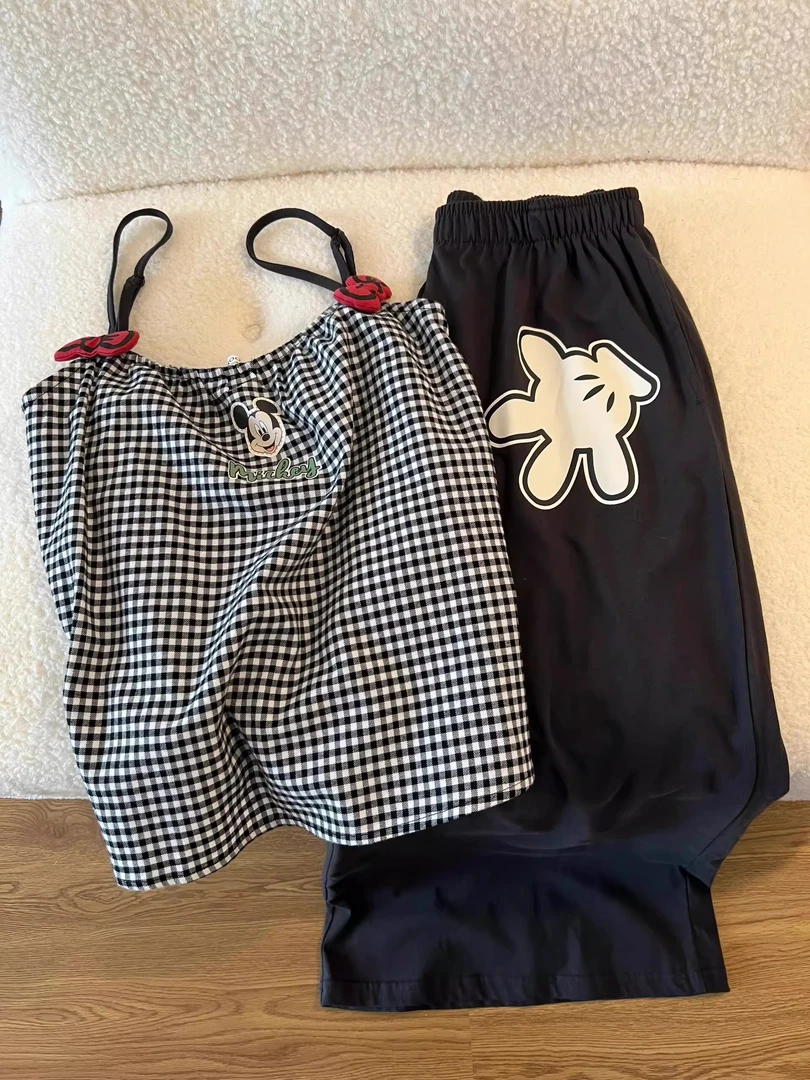 【DMXJ大梦想家】韩版米奇格子睡衣女夏季款慵懒宽松长裤家居服套装