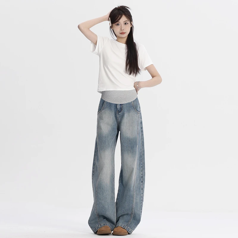 新款 孕妇牛仔显瘦韩版减龄复古蓝牛仔孕妇阔腿长裤