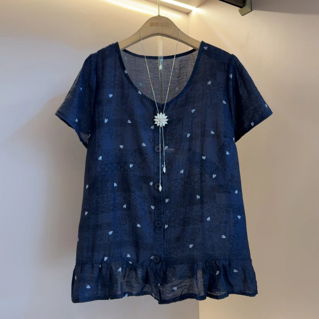 夏天圆领宽松型短袖纽扣拼色印花T恤休闲风极简风修身型显瘦洋气